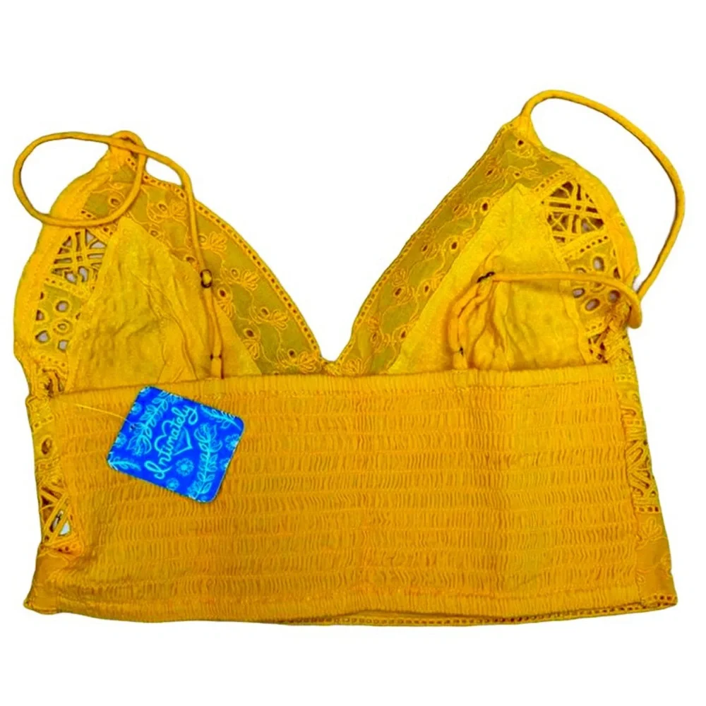 FREE PEOPLE Carina Bralette Eyelet Smocking Mango Gold NWT